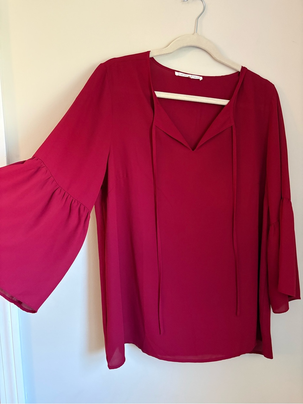Violet & Claire Tie-Neck Bell Sleeve Blouse - Berry
